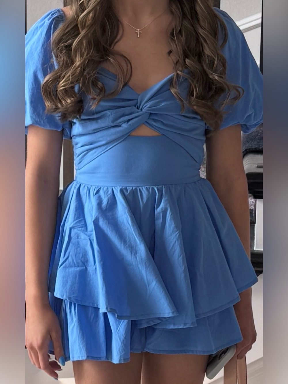 Altar'd State Periwinkle Blue Twist Front Romper | Puff Sleeve | XXS |
